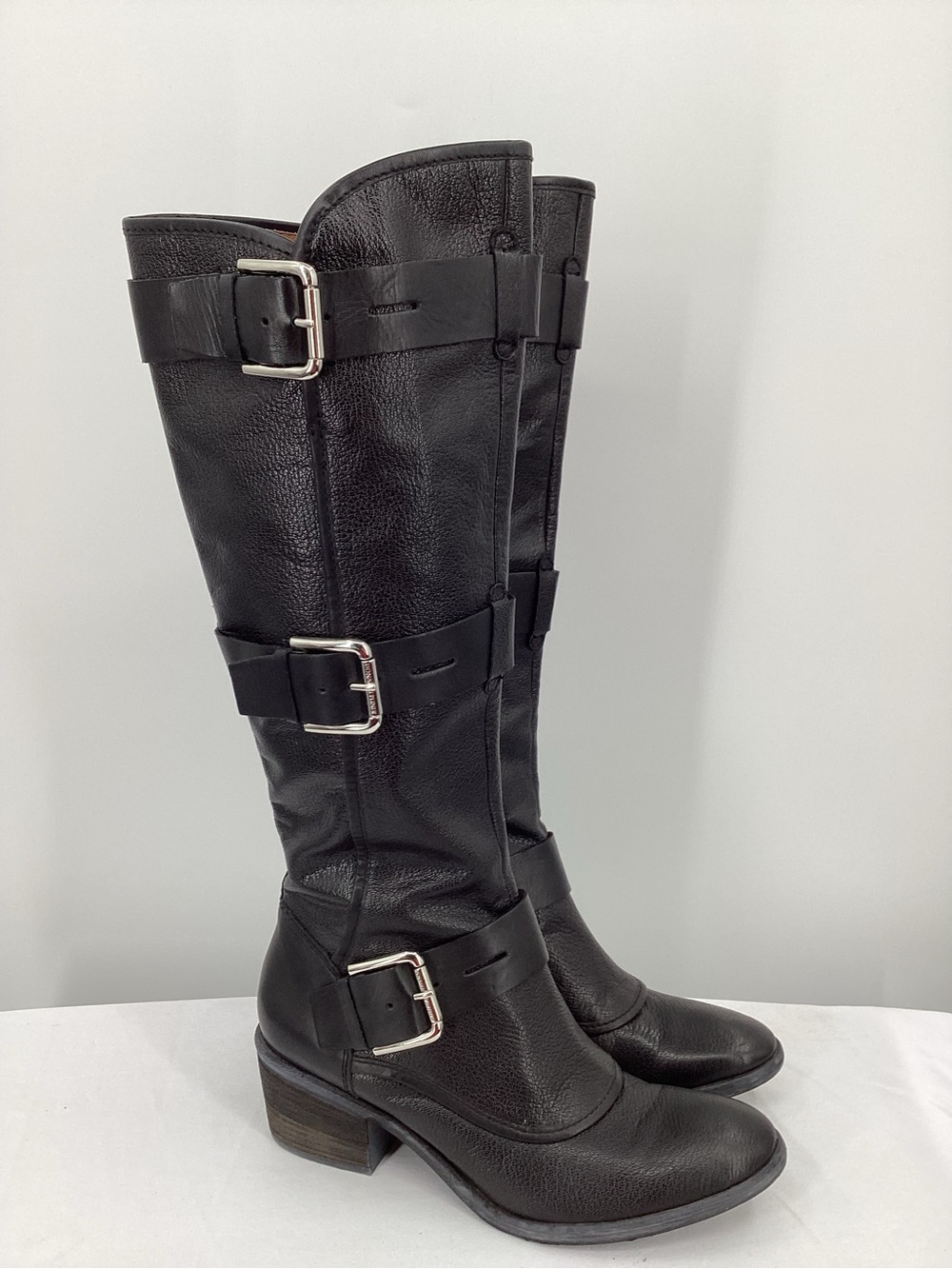 Donald J. Pliner Black Leather Buckle Knee Boots